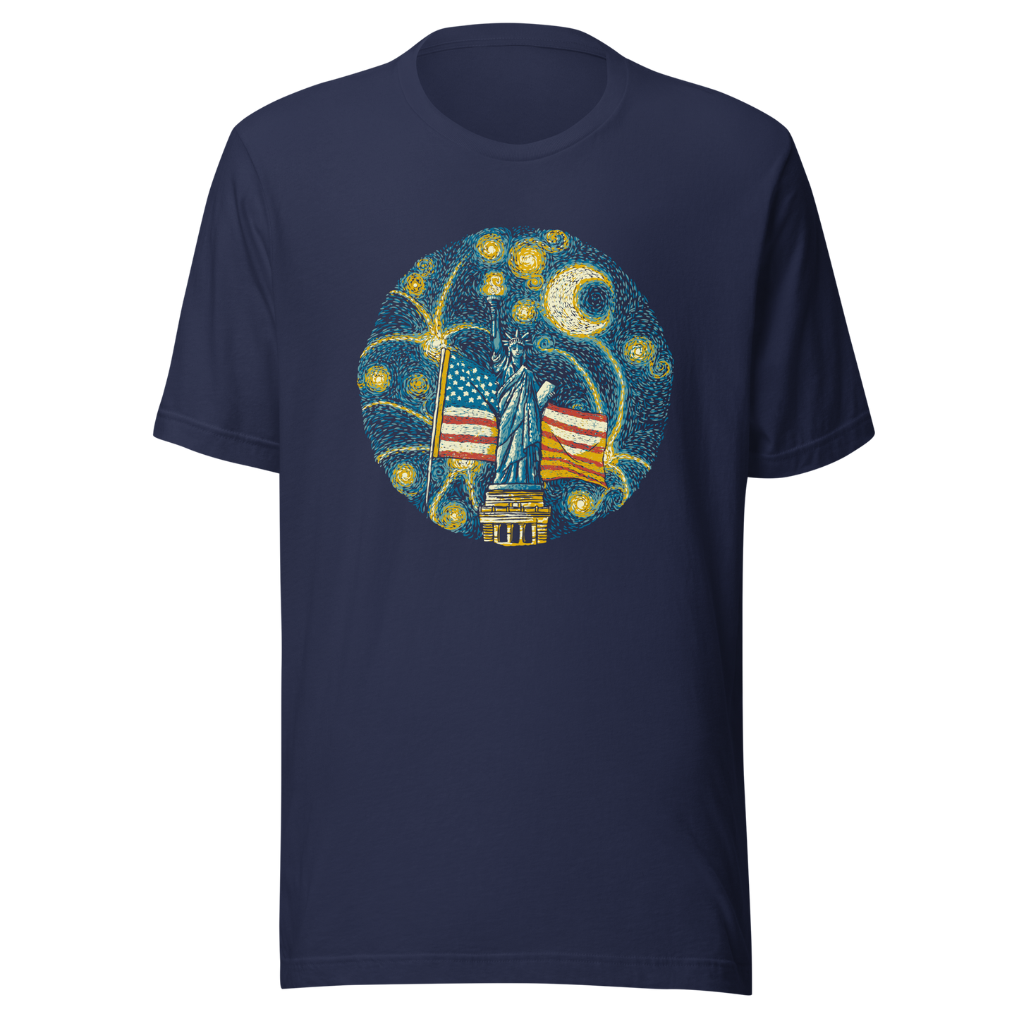 An Impressionist-style artwork inspired by Van Gogh, featuring the Statue of Liberty under a swirling starry sky with the United States flag in the background. A symbolic fusion of liberty, patriotism, night sky, and expressive oil painting style, inspired by Van Gogh aesthetics.