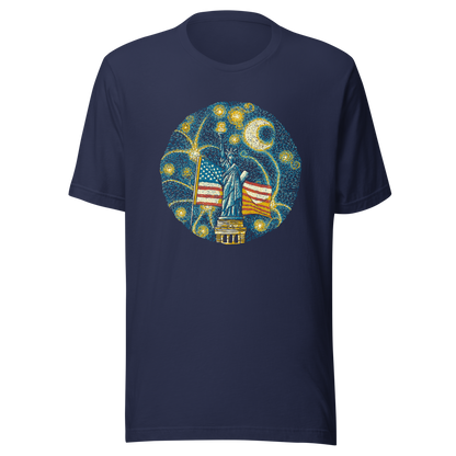 An Impressionist-style artwork inspired by Van Gogh, featuring the Statue of Liberty under a swirling starry sky with the United States flag in the background. A symbolic fusion of liberty, patriotism, night sky, and expressive oil painting style, inspired by Van Gogh aesthetics.