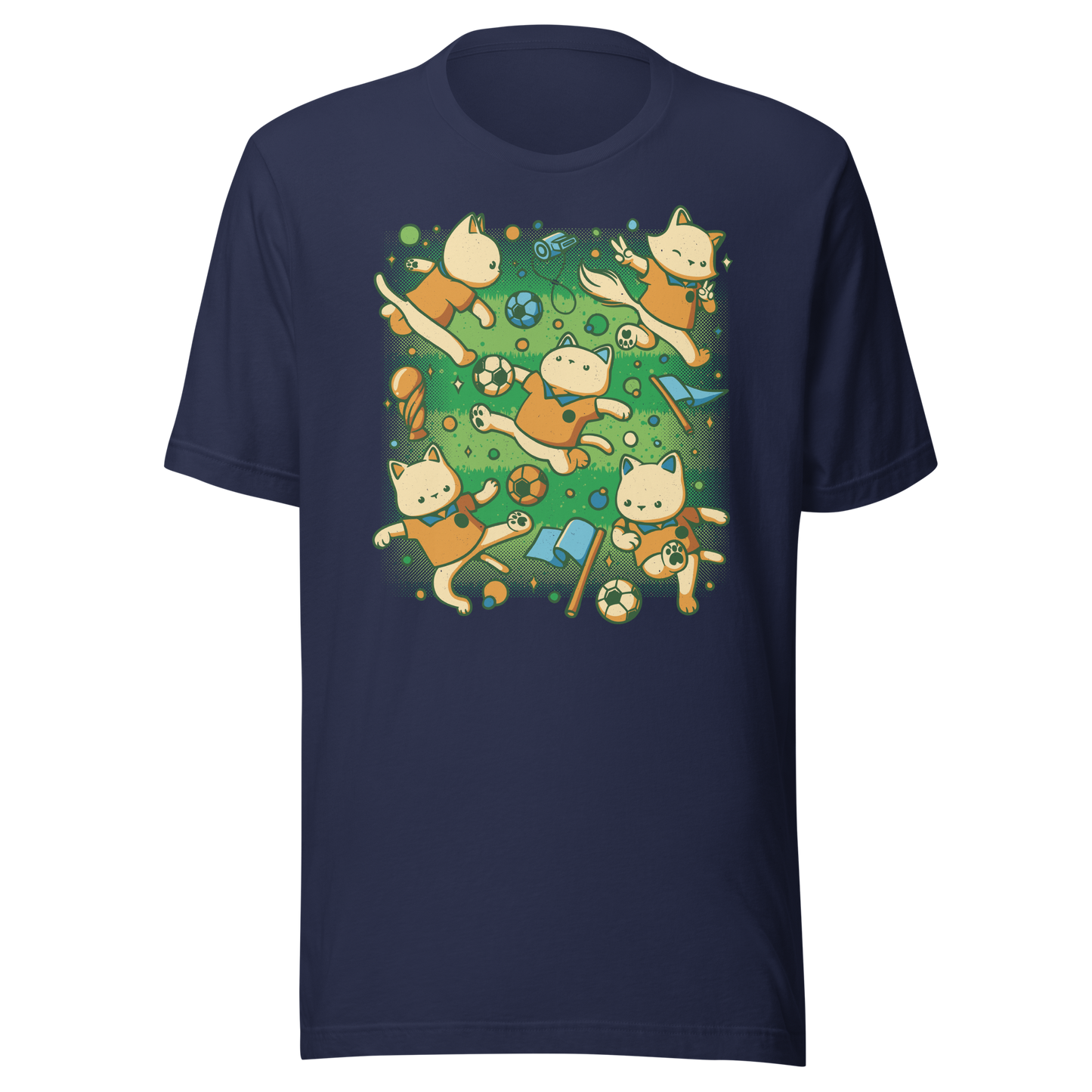 An artwork featuring several cats in soccer uniforms kicking a ball, surrounded by trophies, flags, and other football-inspired elements. A playful design perfect for cat lovers, soccer fans, and anyone who enjoys whimsical sports-themed art.