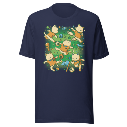 An artwork featuring several cats in soccer uniforms kicking a ball, surrounded by trophies, flags, and other football-inspired elements. A playful design perfect for cat lovers, soccer fans, and anyone who enjoys whimsical sports-themed art.
