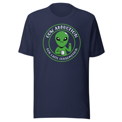 A cute alien holding a cup of coffee, paired with the phrase ‘Cow Abduction For Latte Consumption’. A playful and humorous design that mixes sci-fi vibes with coffee obsession. Perfect for coffee lovers, alien enthusiasts, and anyone who enjoys quirky, funny art with a cosmic twist.