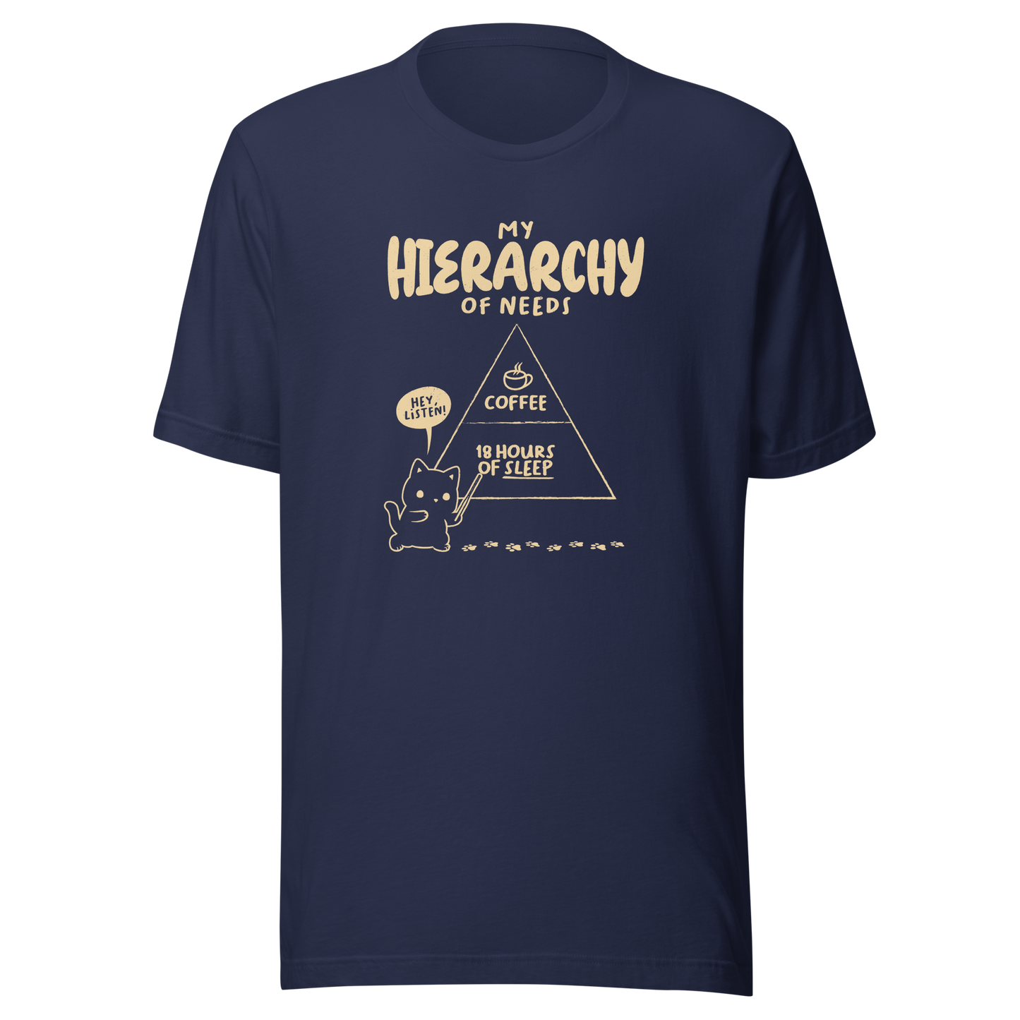 A playful illustration of a cat holding a pointer and presenting its own hierarchy of needs on a triangle chart, with coffee at the very top and 18 hours of sleep right below. A humorous piece for cat lovers who know exactly what really matters.