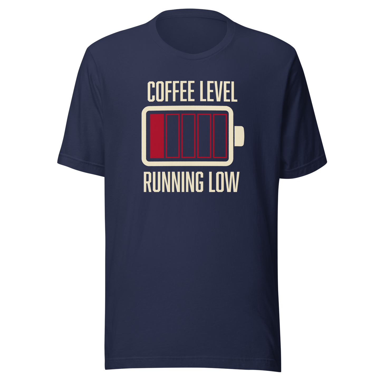 A minimalist artwork featuring a nearly empty battery indicator paired with the phrase ‘Coffee Level Running Low.’ A witty and relatable design for coffee lovers, caffeine addicts, office workers, students, and anyone who runs on coffee to get through the day.