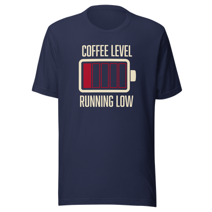 A minimalist artwork featuring a nearly empty battery indicator paired with the phrase ‘Coffee Level Running Low.’ A witty and relatable design for coffee lovers, caffeine addicts, office workers, students, and anyone who runs on coffee to get through the day.
