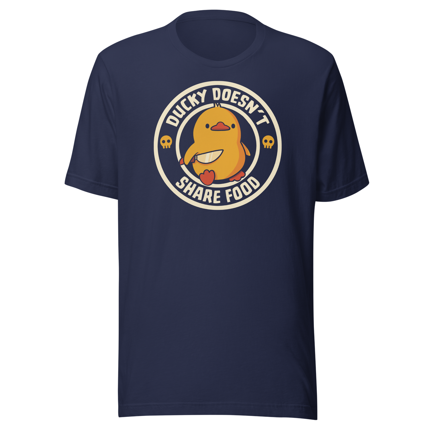 A cute yellow duck holding a small knife, paired with the phrase “Ducky Doesn’t Share Food”. A funny and sarcastic design that contrasts adorable looks with an aggressive, food-protective duck attitude.
