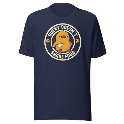 A cute yellow duck holding a small knife, paired with the phrase “Ducky Doesn’t Share Food”. A funny and sarcastic design that contrasts adorable looks with an aggressive, food-protective duck attitude.