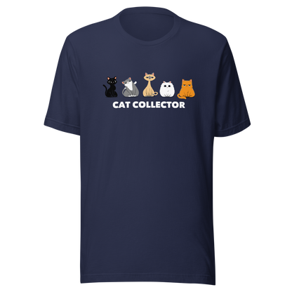 An adorable illustration featuring five kittens sitting side by side: a black kitten, a gray and white kitten, a Siamese, a fluffy white, and an orange cat. Below them, the phrase “Cat Collector” celebrates the joy of loving (and collecting) cats. A playful and charming design perfect for true cat lovers.