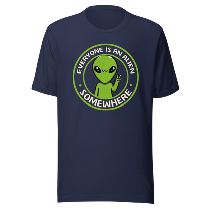 A stamp-style design of a green alien making a “V” sign, paired with the phrase “Everyone Is An Alien Somewhere”. A playful artwork about feeling different and embracing individuality.