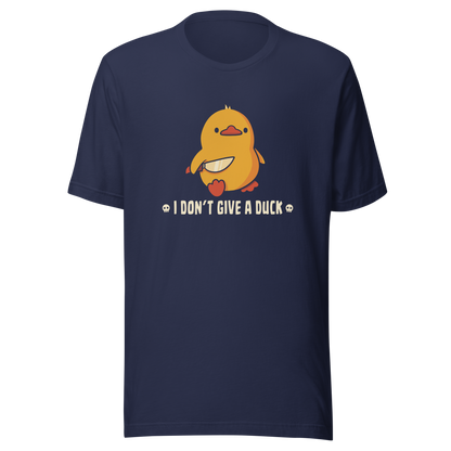 A cute yellow duck holding a small knife, around it the text "I Don't Give a Duck". An art that mixes humor with the temperament of ducks.