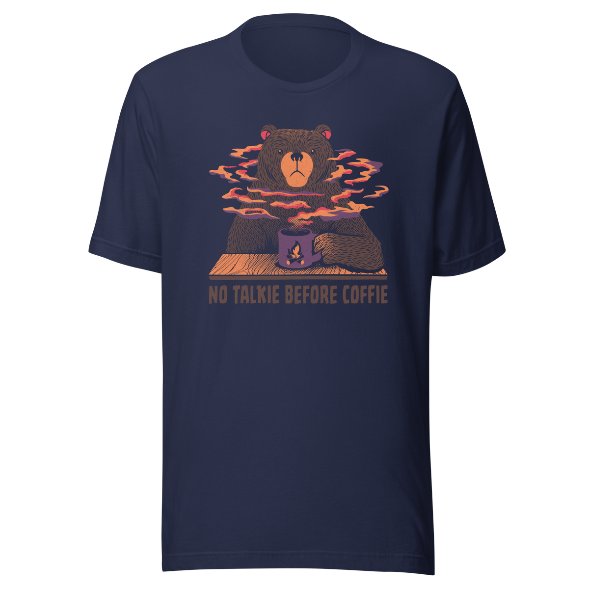 A large brown bear holding a purple coffee cup with a campfire design, with steam rising as if the coffee were piping hot. Below it appears the phrase ‘No Talkie Before Coffie’. A fun design for coffee lovers and anyone who isn’t ready to talk before their first cup.
