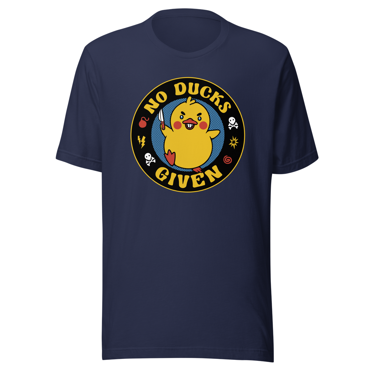 A cute yellow duck holding a small knife, around it the text "No Ducks Given". An art that mixes humor with the temperament of ducks.