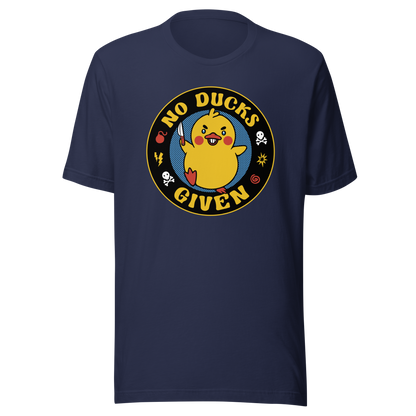 A cute yellow duck holding a small knife, around it the text "No Ducks Given". An art that mixes humor with the temperament of ducks.