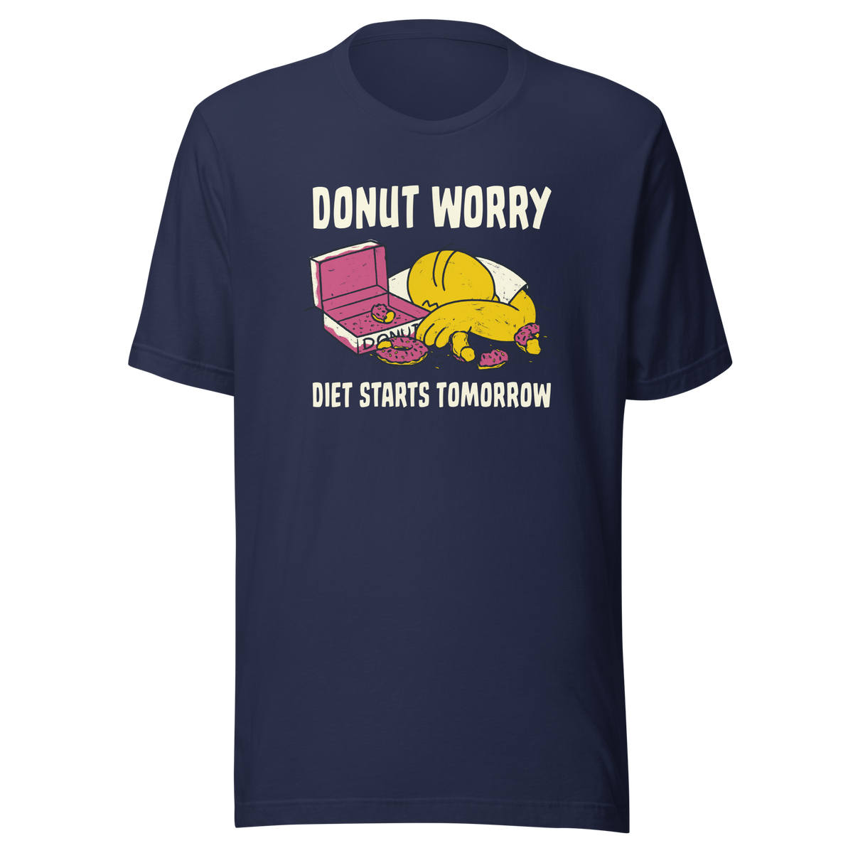A playful design featuring a sleepy yellow cartoon character next to an open box of donuts, surrounded by crumbs and icing, with the phrase “Donut Worry Diet Starts Tomorrow”. Sweet, relatable and full of humor, it’s the perfect gift for donut lovers and anyone who believes diets can always start tomorrow.