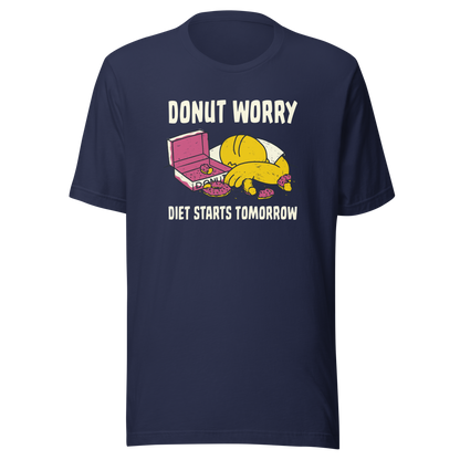 A playful design featuring a sleepy yellow cartoon character next to an open box of donuts, surrounded by crumbs and icing, with the phrase “Donut Worry Diet Starts Tomorrow”. Sweet, relatable and full of humor, it’s the perfect gift for donut lovers and anyone who believes diets can always start tomorrow.