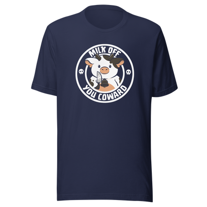 A quirky stamp-style design featuring a cute spotted cow holding a knife alongside the phrase "Milk Off You Coward". Blending dark humour with a cheeky attitude, this playful design is perfect for cow lovers, fans of sarcastic humour, and anyone who enjoys bold, irreverent artwork.