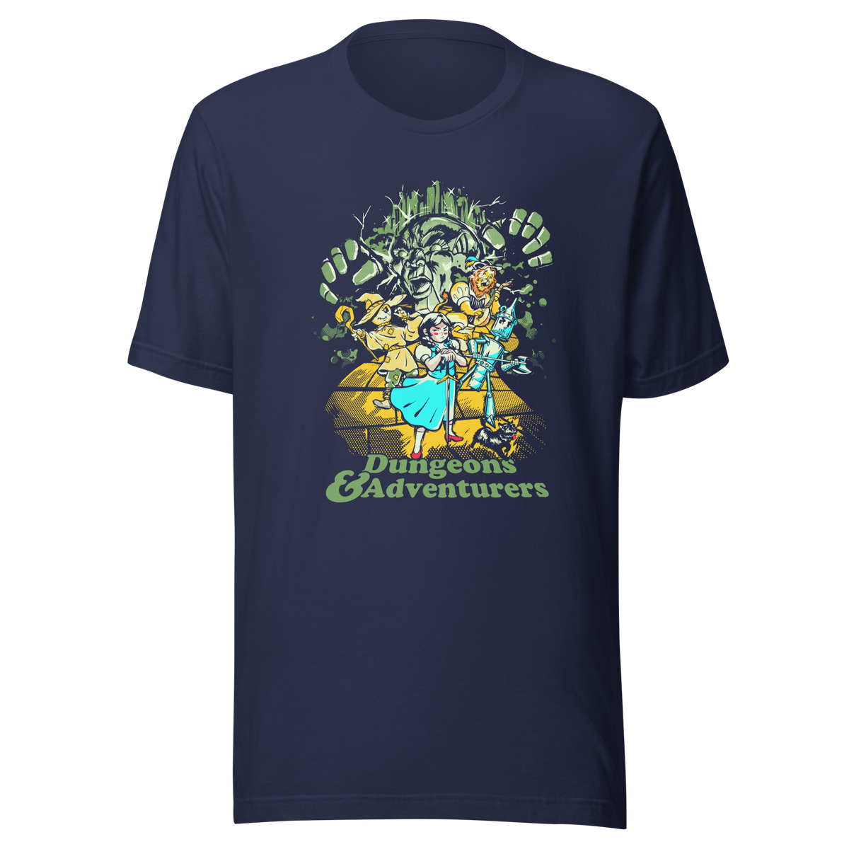 Fantasy-inspired adventure design featuring classic storybook characters on a dungeon quest. Retro comic style artwork with dark fantasy elements and vintage textures.