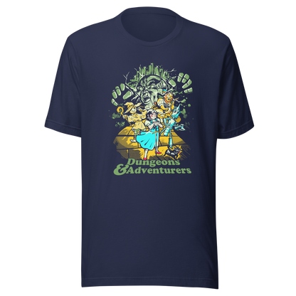 Fantasy-inspired adventure design featuring classic storybook characters on a dungeon quest. Retro comic style artwork with dark fantasy elements and vintage textures.