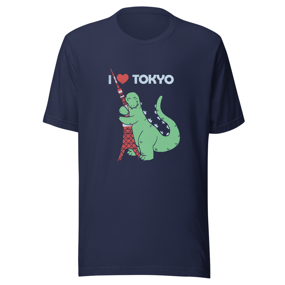 Funny cartoon monster hugging the Tokyo Tower under an “I Love Tokyo” sign. Retro-style parody artwork with vintage textures and playful giant-creature humor.