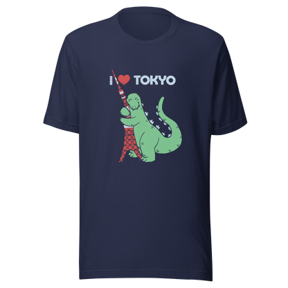 Funny cartoon monster hugging the Tokyo Tower under an “I Love Tokyo” sign. Retro-style parody artwork with vintage textures and playful giant-creature humor.