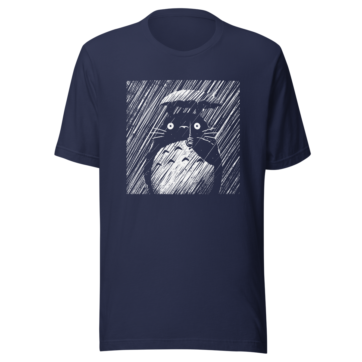 A large forest spirit stands still in the rain, holding a tiny umbrella while soaking in the storm. This black and white design captures a quiet, emotional moment with a vintage, textured style.