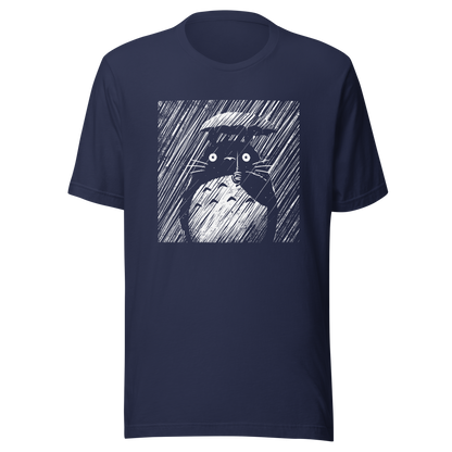 A large forest spirit stands still in the rain, holding a tiny umbrella while soaking in the storm. This black and white design captures a quiet, emotional moment with a vintage, textured style.