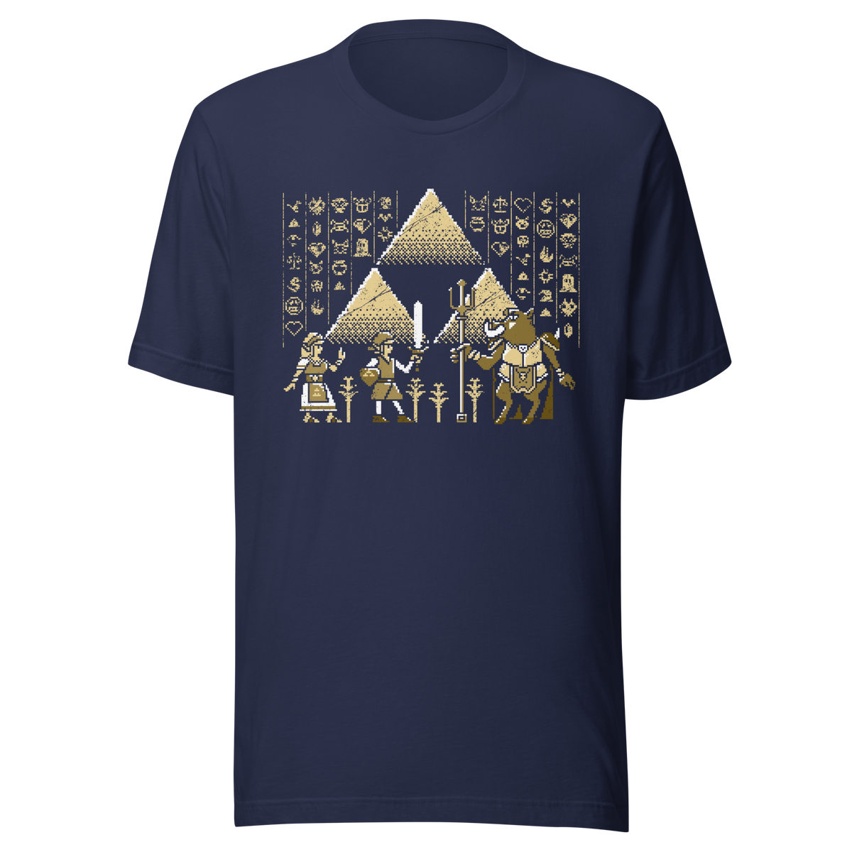 A pixel-style hero, princess, and beast clash in front of golden pyramids and mysterious symbols. This retro fantasy design blends ancient power with classic 8-bit vibes — perfect for old-school adventurers.
