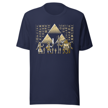 A pixel-style hero, princess, and beast clash in front of golden pyramids and mysterious symbols. This retro fantasy design blends ancient power with classic 8-bit vibes — perfect for old-school adventurers.