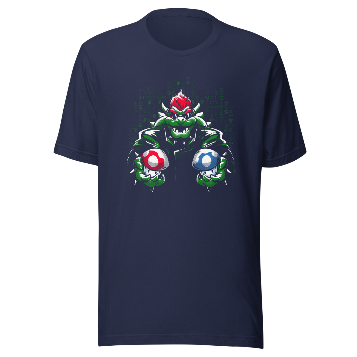 A fierce green fantasy creature with a red crest holds two colorful mushroom-like objects against a digital backdrop. Bold comic-style artwork, vivid contrasts, and a playful retro-gaming aesthetic create a powerful and energetic design.