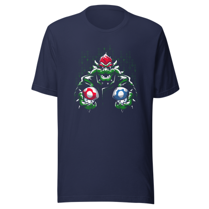 A fierce green fantasy creature with a red crest holds two colorful mushroom-like objects against a digital backdrop. Bold comic-style artwork, vivid contrasts, and a playful retro-gaming aesthetic create a powerful and energetic design.