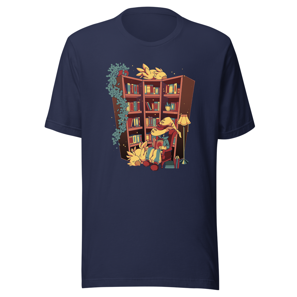 A cozy fantasy library depicts a mysterious reader in a wide-brimmed hat, surrounded by books, the light of a lamp, hanging plants, and small bird-like creatures. The illustration conveys tranquil reading, comfort, and magical escapism.