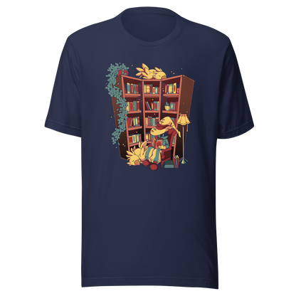 A cozy fantasy library depicts a mysterious reader in a wide-brimmed hat, surrounded by books, the light of a lamp, hanging plants, and small bird-like creatures. The illustration conveys tranquil reading, comfort, and magical escapism.