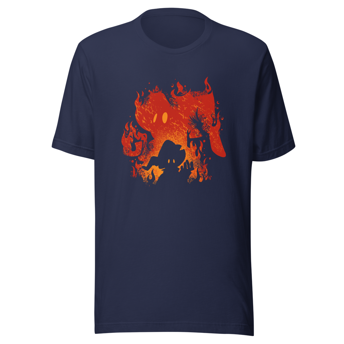 The silhouette of a character wearing a pointed hat emerges against a backdrop of their own shadow engulfed in flames, featuring a weathered texture. A striking design that evokes dark fantasy, magic, and fire.