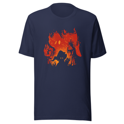 The silhouette of a character wearing a pointed hat emerges against a backdrop of their own shadow engulfed in flames, featuring a weathered texture. A striking design that evokes dark fantasy, magic, and fire.