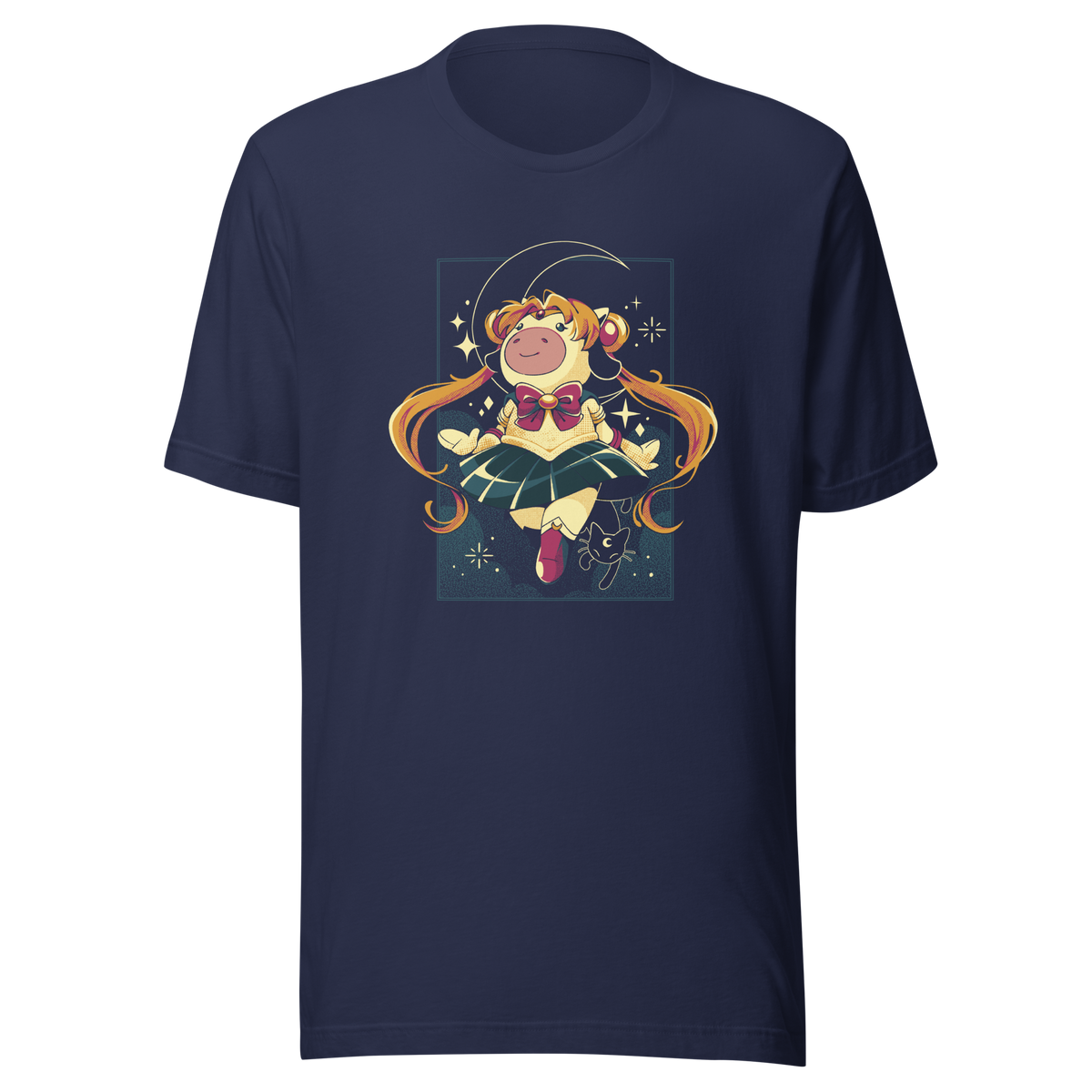 A cute and whimsical anime-inspired illustration featuring a magical cow girl with long flowing twin tails, sparkling stars, and a crescent moon backdrop.