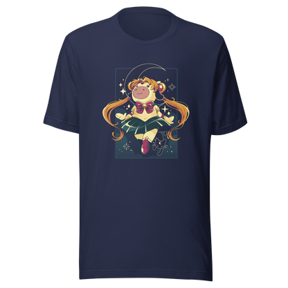 A cute and whimsical anime-inspired illustration featuring a magical cow girl with long flowing twin tails, sparkling stars, and a crescent moon backdrop.