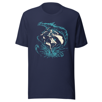 A fantasy warrior in flowing robes strides through a dramatic splash of water, framed by a massive serpentine dragon-like creature. The teal and cream artwork creates a powerful, mystical sense of motion and energy.