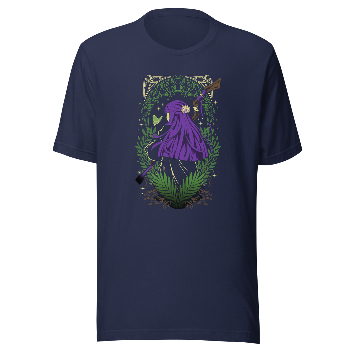 A character with long purple hair and a floral hair ornament stands facing away, holding a wooden staff. Green ferns, leafy branches, a butterfly, and decorative golden patterns surround the figure.
