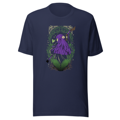 A character with long purple hair and a floral hair ornament stands facing away, holding a wooden staff. Green ferns, leafy branches, a butterfly, and decorative golden patterns surround the figure.
