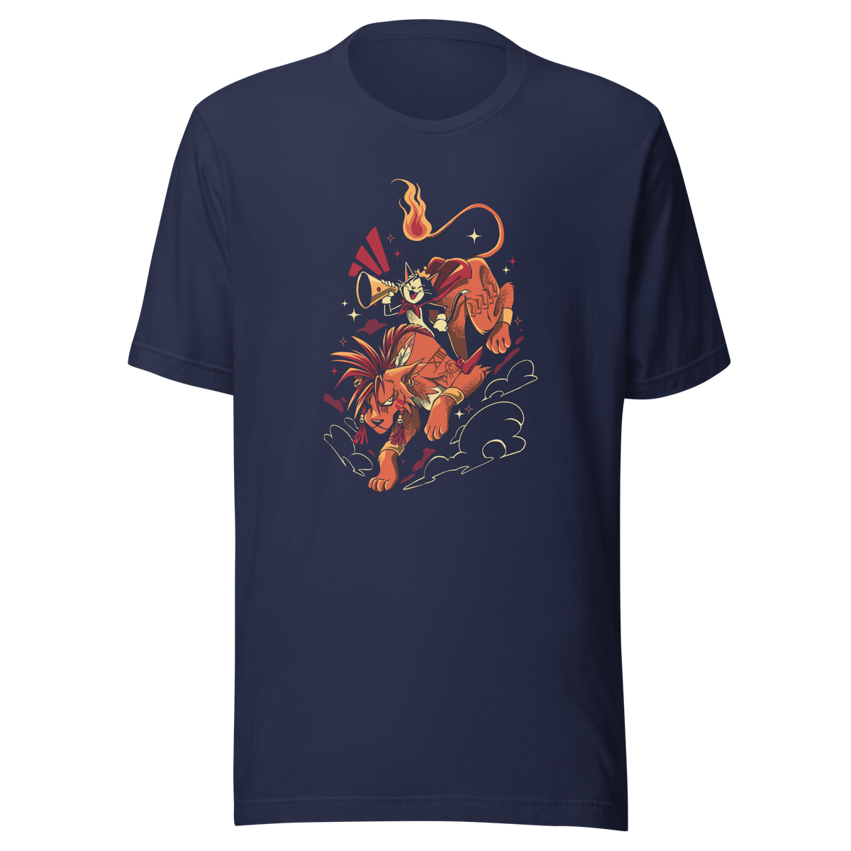 A fierce orange beast with spiky hair carries a small horn-blowing character in a red cape. A curling flaming tail, dramatic motion lines, stars, and swirling clouds create a bold fantasy adventure illustration.