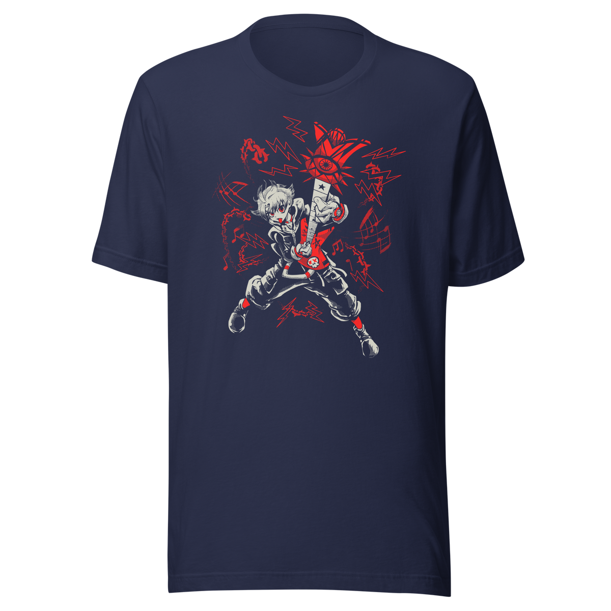 A fierce punk-inspired guitarist plays a red electric guitar in a dynamic pose, surrounded by lightning bolts, musical notes, and bold red-and-white graphics. The high-contrast artwork conveys rebellious energy and intense rock attitude.