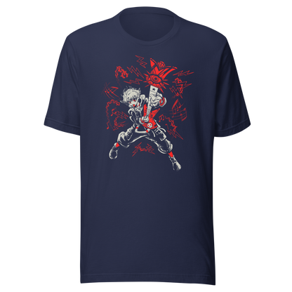 A fierce punk-inspired guitarist plays a red electric guitar in a dynamic pose, surrounded by lightning bolts, musical notes, and bold red-and-white graphics. The high-contrast artwork conveys rebellious energy and intense rock attitude.