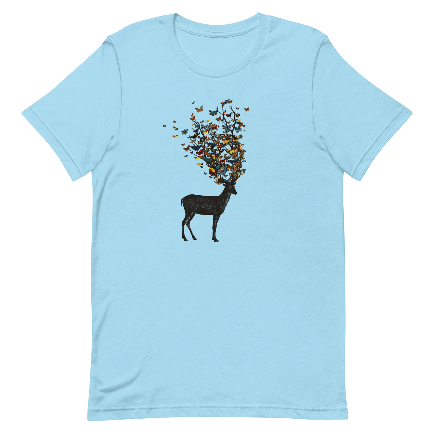 The image depicts a dark, silhouetted deer standing on a neutral background. Instead of branches, its antlers transform into a swirling cloud of vibrant, colorful butterflies that extend upwards and outward. The mix of organic and ethereal elements creates a captivating and whimsical visual contrast.