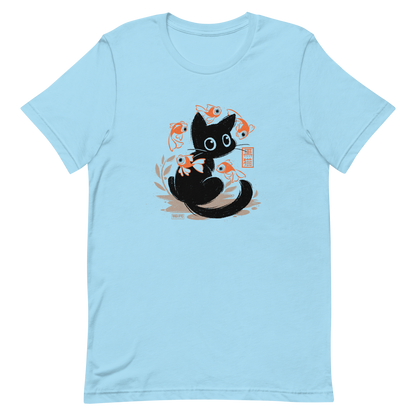 This unique design features a charming black cat amidst playful koi, rendered in beautiful Sumi-e ink style. A perfect blend of Japanese art and anime whimsy for any cat lover.