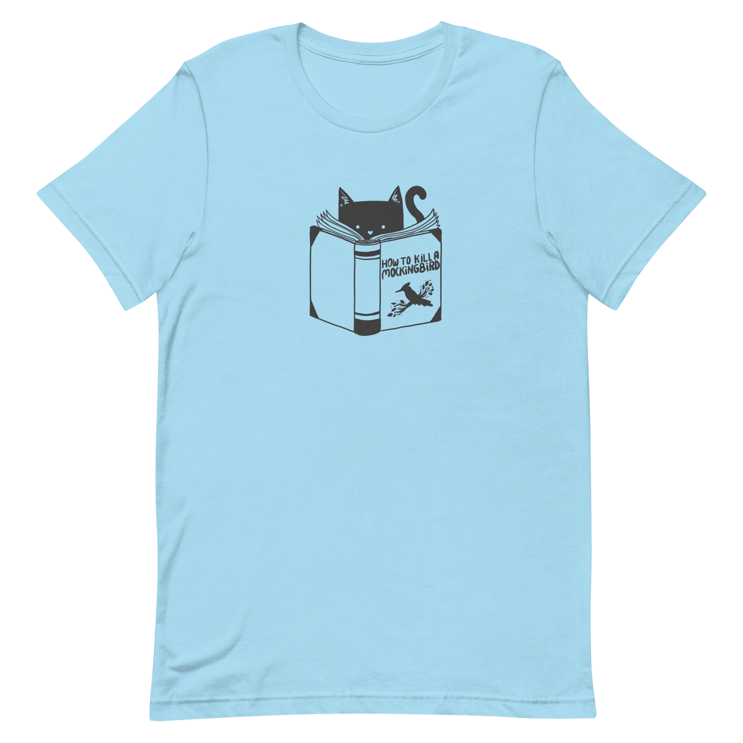 A black and white illustration features a cat peeking over an open book titled 'How to Kill a Mockingbird,' playfully altering the classic novel's title. The cat has a heart-shaped nose and simple, cute facial features. The design is whimsical and ironic, combining classic literature with a humorous twist.