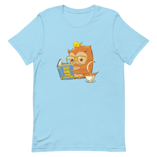 A little brown owl wearing glasses reading a book while drinking a cup of coffee, a little yellow bird on his head. The book is entitled "Just One More Chapter", perfect for those who love to read.