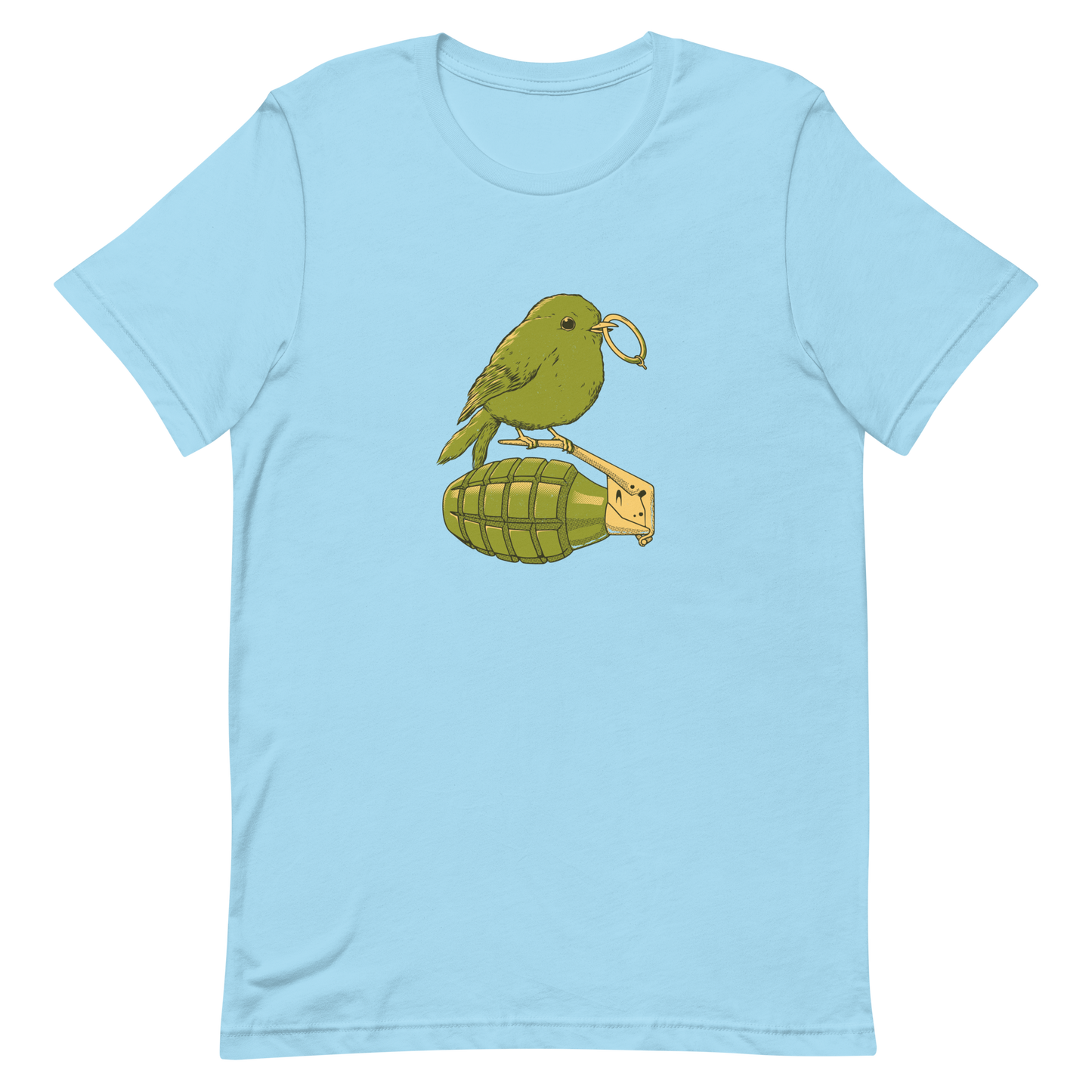 A small, detailed bird with a realistic style perches on top of a hand grenade. The bird holds the pin of the grenade in its beak, giving the image a whimsical yet ironic feel. The color palette consists of shades of green and tan, with a playful blend of nature and military elements. The overall vibe is quirky and thought-provoking, blending humor with a hint of danger.