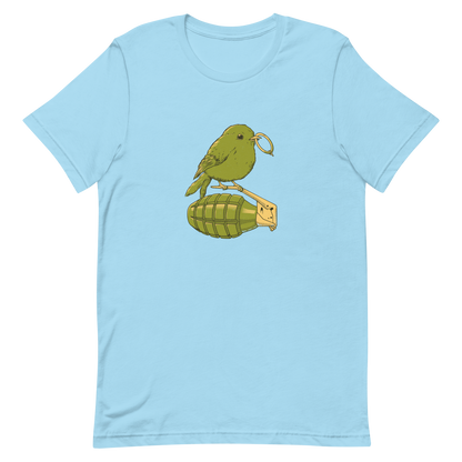 A small, detailed bird with a realistic style perches on top of a hand grenade. The bird holds the pin of the grenade in its beak, giving the image a whimsical yet ironic feel. The color palette consists of shades of green and tan, with a playful blend of nature and military elements. The overall vibe is quirky and thought-provoking, blending humor with a hint of danger.
