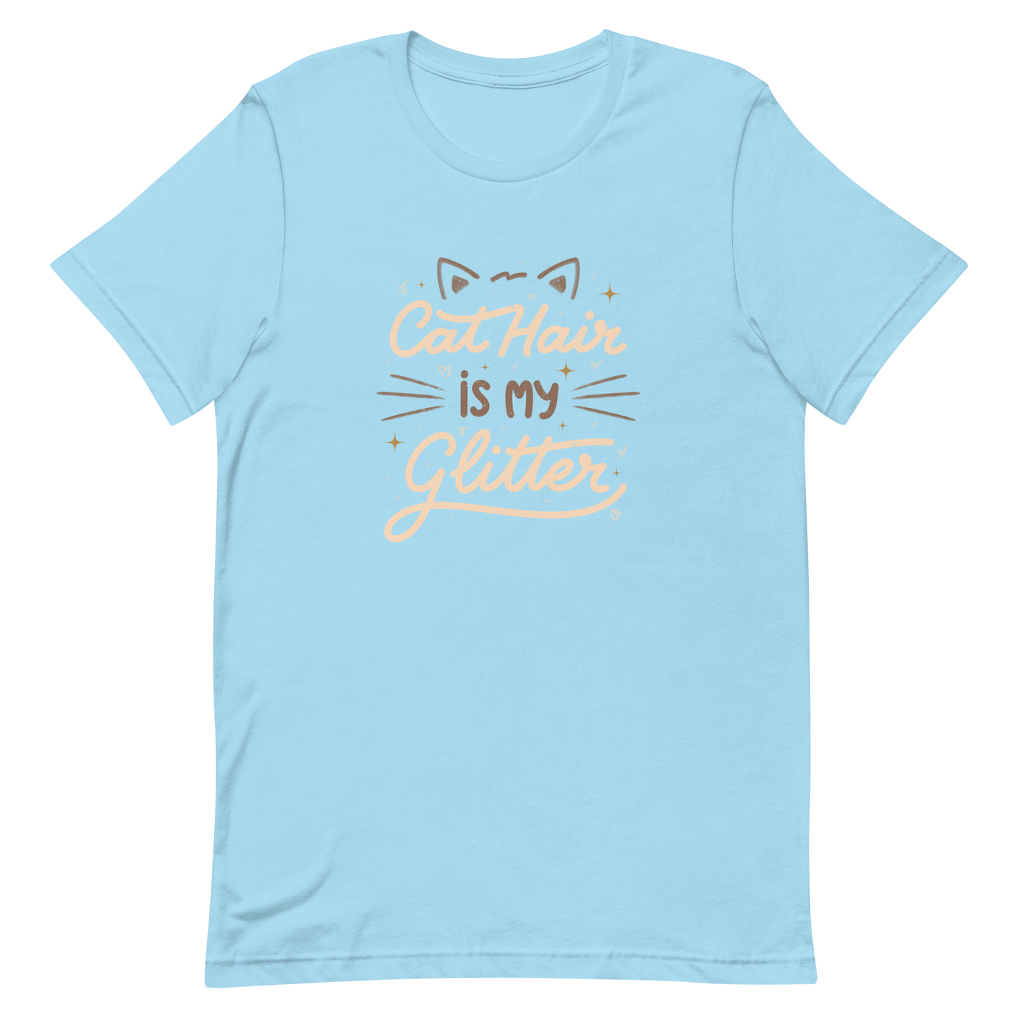 This artwork features fun lettering with the phrase "Cat Hair is My Glitter," accompanied by cat ears, hearts, and gold glitter. It humorously celebrates the lives of those who live with cats and have grown accustomed to having fur everywhere. Ideal for feline lovers who wear their furry coats as if they were real glitter.