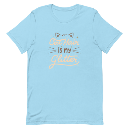 This artwork features fun lettering with the phrase "Cat Hair is My Glitter," accompanied by cat ears, hearts, and gold glitter. It humorously celebrates the lives of those who live with cats and have grown accustomed to having fur everywhere. Ideal for feline lovers who wear their furry coats as if they were real glitter.