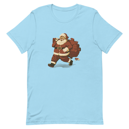 A cute Santa Claus carrying a red bag full of what appear to be gifts, but when you look closer you can see that there are several little boys. A fun art that mixes up the story that the good boys are going to get charcoal from Santa, but this time Santa is taking them.